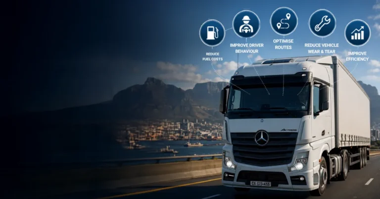 Truck on a Cape Town highway with icons for reducing fuel costs, improving driver behaviour, optimising routes, reducing vehicle wear and improving fleet efficiency